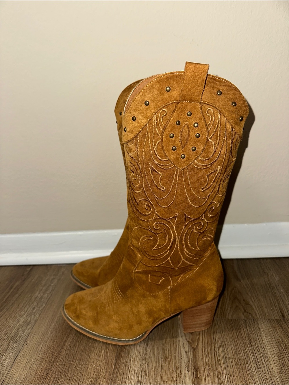 Western Suede Mid-Calf Boot in Tan